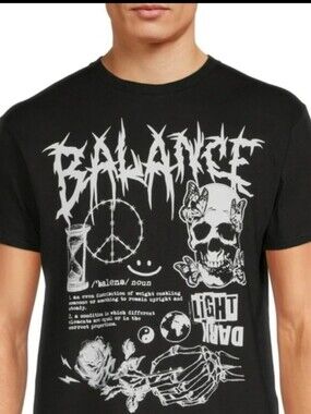 Men's ODM Balance Skull Gothic Black T- Shirt 100% Cotton Size Large